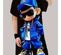 TEMU 2025 Sombrero de Chico con Estampado 3D Azul y de , Conjunto Casual Elegante para -Verano, Ideal para Actividades al Aire Libre