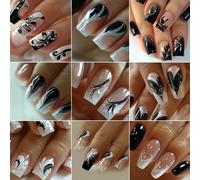 TEMU 216 Piezas de Uñas Postizas Elegantes con Estilo Chino, Brillantes y a Rayas, Diseño de Hueca con de Zorro 3D, Pegamento en Gel y Lima para Uñas