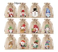 TEMU 24 Piezas Bolsas de Regalo de Lino Duraderas LDQ - Bolsas Navideñas con Diseños de Santa y Reno, Asa con Nudo, Base Ancha para Estabilidad, Elegantes para Fiestas, Ideales para Joyas y Adornos