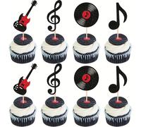 TEMU 24 Piezas de Toppers para Cupcakes con , Guitarra y Discos Vinílicos - Decoraciones Temáticas & Roll para Baby Shower o