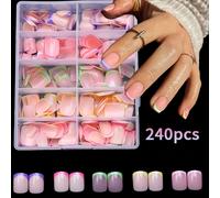 TEMU 240 piezas de puntas de uña cuadrada corta francesa - , de color de bloque Acrylic uñas falsas preformadas de cobertura completa para uso diario