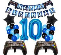 TEMU 25/26 piezas de decoraciones con globos azules y negros numerados del 7 , que incluyen un póster de " ", una azul, globos de controladores de videojuegos, para la decoración de fiestas de