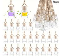 TEMU 25/48pcs 8ml Ambientador de Coche Colgante, Difusor de Aceite de Vidrio Transparente Vacío, Botella Colgante de con Tapas de Madera y Cuerda para Colgar - Forma Cilíndrica