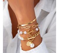 TEMU 2D Flat - Una colección de pulseras 4 piezas, elegante y minimalista, que una cadena de serpiente, eslabones de cadena, cuentas de de perlas y cierres O-T, para a día y ocasiones de