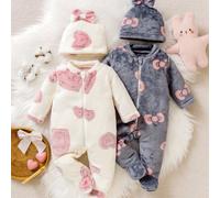 TEMU 2pcs Conjunto de Bebé Niña Otoño/Invierno con de y Rosa, Body con Pies y Cremallera + Gorro con , y de Franela Cara, para Exteriores