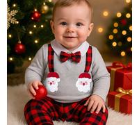 TEMU 2pcs Conjunto de para Bebé Niño Otoño/Invierno Navidad, con Aplicación de Santa Claus y Corbata Larga + Pantalones a Cuadros Rojos, Ideal para Fiestas y Actividades al Aire Libre para de 0-1 Años