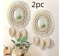 TEMU 2pcs Espejos de Pared Hechos a con Cuentas de Madera y Borlas de Hojas - Espejos Decorativos de Vidrio Ovalados para Decoración del Hogar, Acabado sin , Diseño Estético Natural