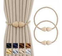 TEMU 2pcs Sujetadores de Cortina de Madera con Magnético, Sujetadores de Cortina de Cuerda Boho para Cortinas, Sujetadores de Cortina Hechos a para Ventanas, Decoración del Hogar en Beige