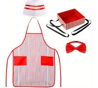 TEMU 3/4 Piezas Conjunto de Disfraz de Camarero Adulto de 1950, Delantal y Corbata a Rayas y Blancas con Gorro de Chef, Ideal para Carnaval, Noches , Fiestas de , Regalos para de San Valentín y de la