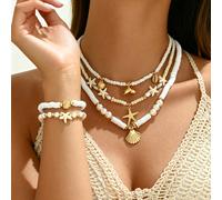 TEMU 3 Collares + 2 Pulseras, Collar Ajustable de Cuentas de Arcilla Bohemio para Mujer, Pulsera Elástica, de y de Pez en Aleación, para Uso Diario y Vacaciones