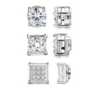 TEMU 3 de Pendientes Magnéticos de Acero Inoxidable para Hombres y Mujeres, Sin Perforación, Redondos y Cuadrados con CZ, Clip On, 6mm, Set Hipoalergénico