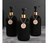 TEMU 3 piezas Dispensadores de baño negros premium mate a rayas con etiquetas de madera