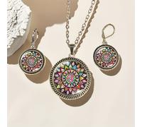 TEMU 3 piezas/juego de collar y aretes de rompecabezas geométrico de mandala retro colorido y elegante, bohemio, joyería creativa de mandala redonda azul, regalos de y festivos para