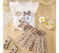 TEMU 3 piezas para niñas con un conjunto que una falda de malla, una camiseta de manga corta con de oso y cuello , una falda de malla con estampado de leopardo y un cinturón decorativo.