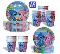 TEMU 30 piezas de conjunto de de Disney Stitch para , incluyendo vajilla desechable para actividades al aire libre, platos, tazas de fiesta y artículos decorativos para la configuración de la .