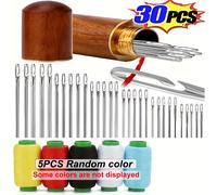 TEMU 35 agujas de coser de acero inoxidable con ojo grande y hilo | Color mezclado, agujas de varios tamaños para proyectos de cuero, costura a , bordado de punto de cruz, estuche para agujas