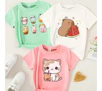 TEMU 3pcs Conjunto de Camisetas para Niñas con Estampado de Animales , Taza de Té de y Diseños de Capibara// - Manga Corta y Cuello , Ropa Casual para Citas de Juego (Lavable a Máquina)