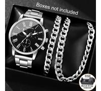 TEMU 3pcs/Reloj Casual Minimalista para Hombre, Redonda de Aleación con Correa de Acero y Conjunto de Pulsera & Collar - Regalo para San Valentín, Aniversario, al Colegio y Festival de