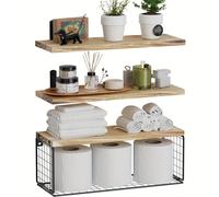 TEMU 3pcs/set Estantería flotante de madera para en la pared, estante para baño con cesta de papel higienico, cesta de almacenamiento de hierro para pared de ducha, accesorios de baño de madera