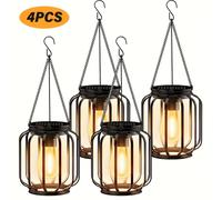 TEMU 4 luces solares inteligentes para exteriores, faroles colgantes, lámparas solares de metal con ganchos, decoraciones de farol brillantes adecuadas para patio, jardín y decoración de