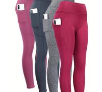 TEMU 4 mallas de yoga de cintura con bolsillo para mujer, color liso, ajuste ceñido, ropa deportiva para mujer