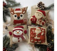 TEMU 4 piezas - de almohada temática navideña con estampado digital en poliéster, diseños adorables de , y Santa Claus, cuadrada para cojín decorativo moderno
