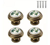 TEMU 4 piezas de perillas de armario de porcelana rústica con patrones florales verdes, manijas de cajones estilo granja que incluyen tornillos de instalación para armarios y cajones de cocina.