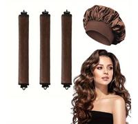 TEMU 4 piezas de varillas de de pelo largo con mango de terciopelo sin y bandas de tela elegantes - Conjunto de rizador de noche para estilos de soplado esponjado, gorro de ducha de un color