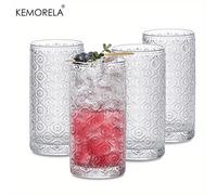 TEMU 4 Piezas de Vasos de Vidrio Vintage de 12.5/13.5 oz, Estilo con en Relieve, Juego de Vasos Transparentes con y Posavasos, Vasos Románticos para Agua, Bebidas de Bar, Café Helado y