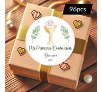 TEMU 48/96 piezas de pegatinas personalizadas, "Mi Primera Comunión" diseño de | dorada, eucalipto y texto en español | Ideal para celebraciones de comunión en español