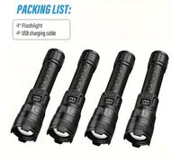 TEMU 4pcs Linterna LED Recargable, Portátil con Zoom Telescópico e Indicador de Energía, Tres de Iluminación para Exteriores, Camping y Emergencias