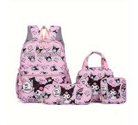 TEMU 4pcs Sanrio Hello Kitty & for Kuromi Travel Duffel Set - Casual Nylon Backpack, Pencil Case, Shoulder Bag, Wallet - Durable, Adjustable Straps, Zipper Closure - Ideal for School, Travel, Gifts