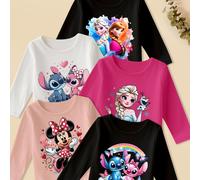 TEMU 5 piezas, Disney, Stitch, Princesa Elsa, Minnie, Princesa Anna, de ángel, Estampado, Moda casual, Lindo cuello , Camiseta de larga para niñas, Top de larga para niñas