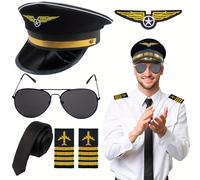 TEMU 5 piezas Kit de accesorios de disfraz de de piloto de aerolínea para hombre - Sombrero de de estilo de poliéster, brazaletes, gafas de moda, corbata y guantes para cosplay y fiesta de disfraces