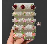 TEMU 5 PIEZAS Vintage Elegante Juego de para el Florales para Mujeres - Perlas de y Anillos para el con Flores de Resina Bandas Elásticas - Poliresina, Elasticidad, Combinación para Mayores de 14 Años