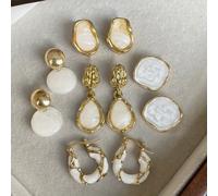 TEMU 5 Retro Francés Elegante Premium Único Serie Blanca Goteo Aceite Resina Incrustada Individual Moda Aretes Set Adecuado para Uso Diario de Mujer Banquete Ropa de Vacaciones