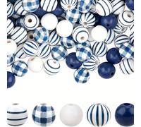 TEMU 50 Cuentas de Madera a Rayas con de Cuadros Bufalos de Granja, Cuentas Espaciadoras Pulidas Hechas a de 16 mm para Decoración del Hogar, Artesanía, Coronas y Fabricación de Joyas (Azul)