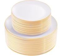 TEMU 50 piezas de platos de plástico dorados - Platos blancos de resistencia con dorado para Acción de Gracias, /boda - 25 piezas de llano de 10.25 pulgadas y 25 piezas de de postre de 7.5 pulgadas