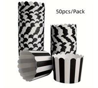 TEMU 50pcs Moldes para Hornear de Papel Antiadherente con Rayas Negras Elegantes - Perfectos para Cupcakes, Muffins y Palomitas - Ideales para Halloween, , - Base de 2.36