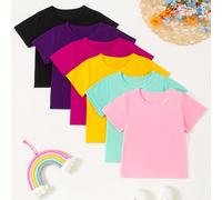 TEMU 6 Camisetas de Manga Corta para Niñas - Tops de Cuello en Colores , Paquete con Descuento por Múltiples Piezas | Blusas Casuales Lavables a Máquina para Niños | Ropa Casual y Capas (6pcs)