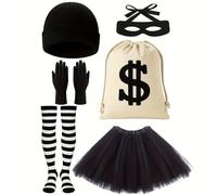 TEMU 6 Piezas de Disfraces para Halloween , Medias a Rayas, Falda Tutú Negra, Bolsa de Lona, Máscara Banda en y , Gorro Tejido con Guantes, Ideal para Fiestas de Hallowen e Interpretación