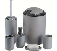 TEMU 6 piezas de juego de accesorios de baño negro, dispensador de jabón de plástico, soporte para cepillos de dientes, taza, , de basura, no necesita electricidad, esenciales para regalos familiares