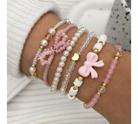 TEMU 6 piezas de la serie rosa, cuentas de vidrio, de perlas, arcilla , hechas a , posición de cuentas, juego de pulseras de apilamiento, , sexys, versátiles, vacaciones, Y2K, , amor, pulsera.