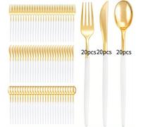 TEMU 60 piezas de cubiertos de plástico dorado - Cubiertos de plástico dorado resistente - Juego de cubiertos para fiestas 20 tenedores dorados, 20 cuchillos dorados, 20 cucharas doradas, para