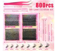 TEMU 600 y 800 Piezas de Pestañas en Racimos, Kit Súper de Extensiones - Individuales D Curl 9-16mm Volumen Natural con Pegamento, Pinza y Brocha para Uso Doméstico