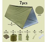 TEMU 7 piezas de equipo de emergencia - tiendas, sacos de dormir y chaquetas impermeables portátiles plegables en PE para senderismo y camping