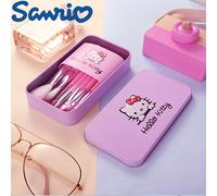 TEMU 7pcs SANRIO Hello Kitty Makeup Brush Set with Case, Hypoallergenic Silicone Bristles, & Blending Brushes, Cheek & Highlighter Brushes, Types, ABS Plastic Handles