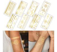 TEMU 8 Hojas de Tatuajes Temporales Dorados Impermeables - Corporal Bohemio y Geométrico con Patrones de Hojas e Intrincados para Fiestas, Festivales, - Fácil Aplicación y Remoción, 18+