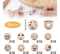 TEMU 80 piezas de cuentas de madera con cara sonriente, cuentas de madera redondas de 20mm con agujeros, cuentas DIY para manualidades para hacer joyería, pulseras, collares