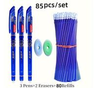 TEMU 85 Piezas/Set Bolígrafos de Gel Borrables 0.5mm Azul// Recambios Varilla Lavable Mango Escritura Oficina Kawaii Papelería Bolígrafo de Gel (3 Bolígrafos + 2 + 80 Recambios)